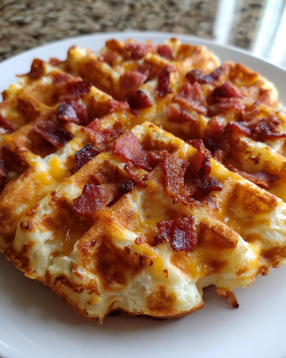 Close-up of golden-brown Bacon And Cheese Loaded Waffles Two topped with crispy bacon bits.