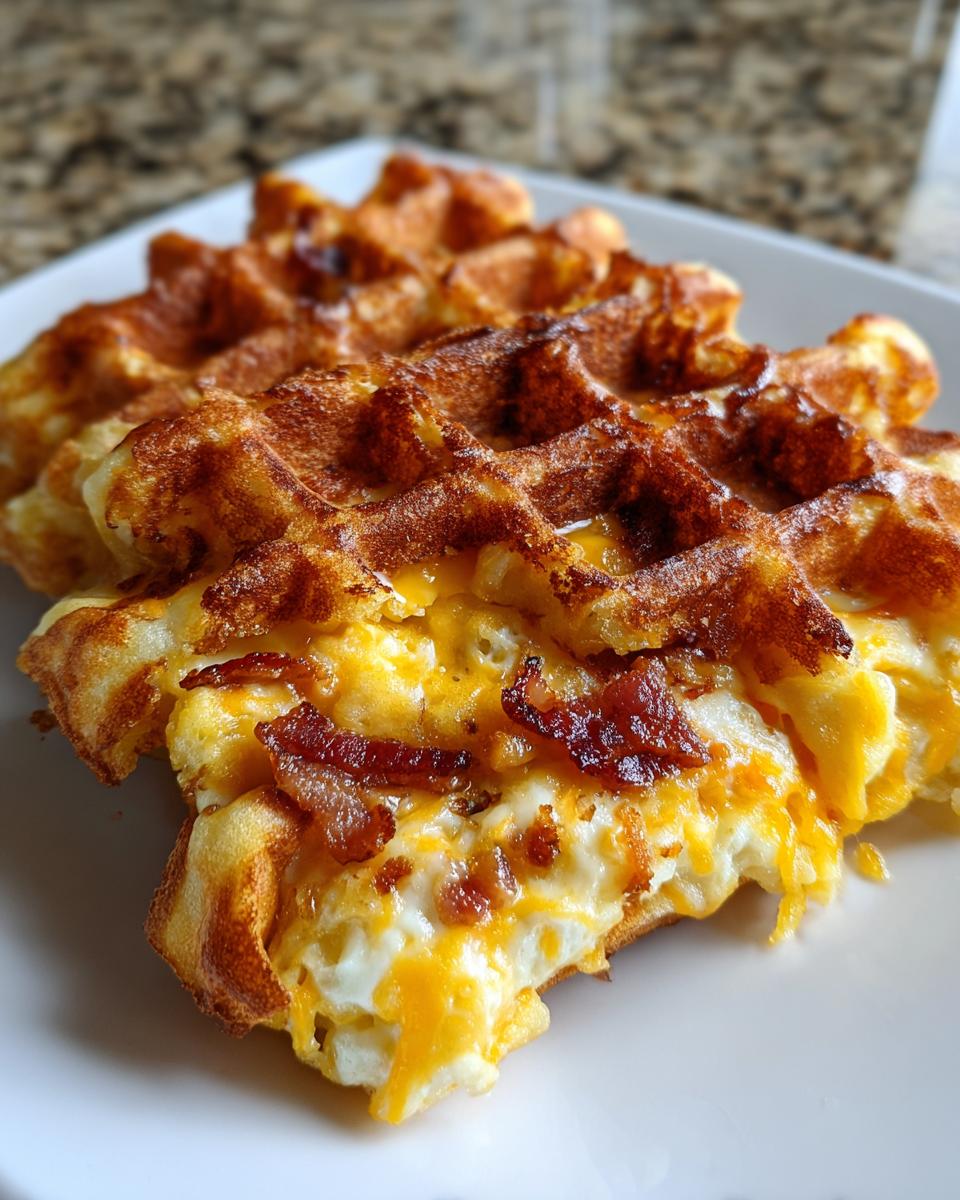 Close-up of golden brown Bacon And Cheese Loaded Waffles Two, showing melted cheddar and bacon bits.