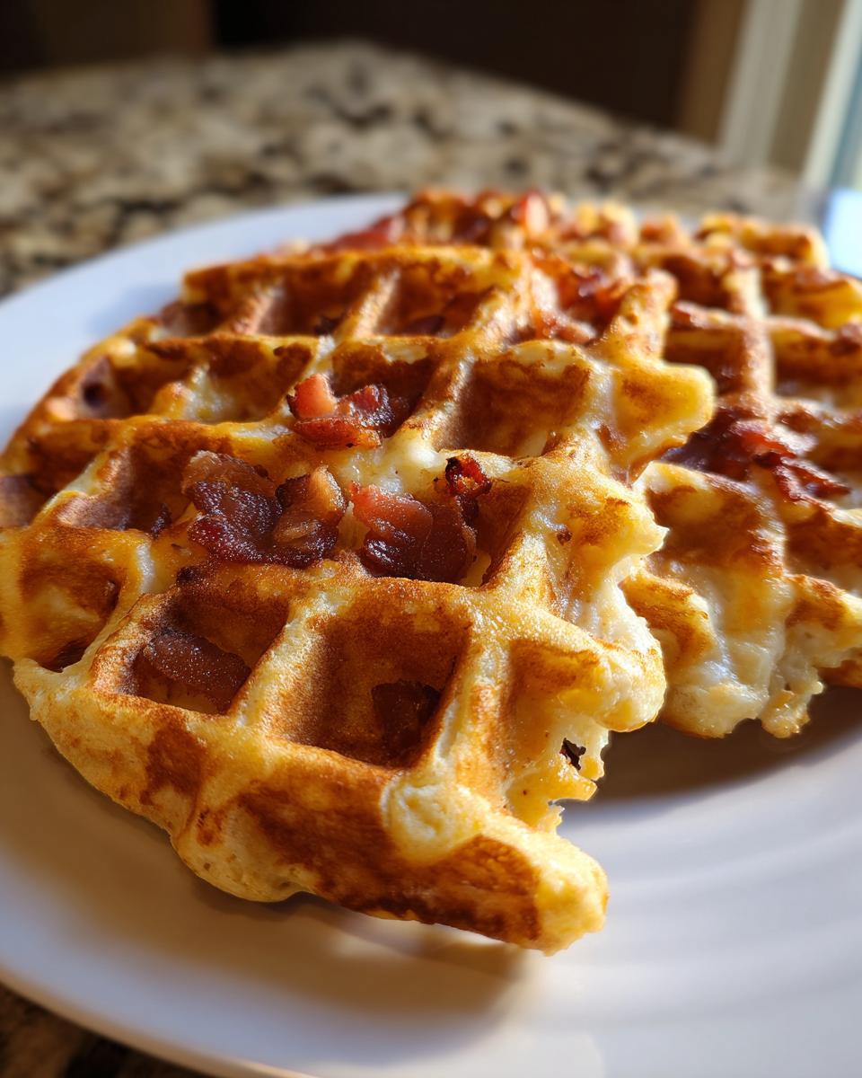 Close-up of golden brown Bacon And Cheese Loaded Waffles Two stacked on a white plate.