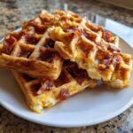 A stack of golden brown Bacon And Cheese Loaded Waffles Two with visible melted cheese and crispy bacon bits.