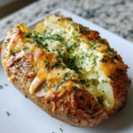 A close-up of a baked potato split open, loaded with melted cheese and fresh parsley, showcasing the Cheesy Ranch Potatoes recipe.