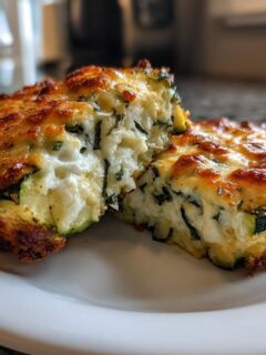 A close-up of a Baked Parmesan Zucchini muffin cut in half, showing the cheesy interior and golden crust.
