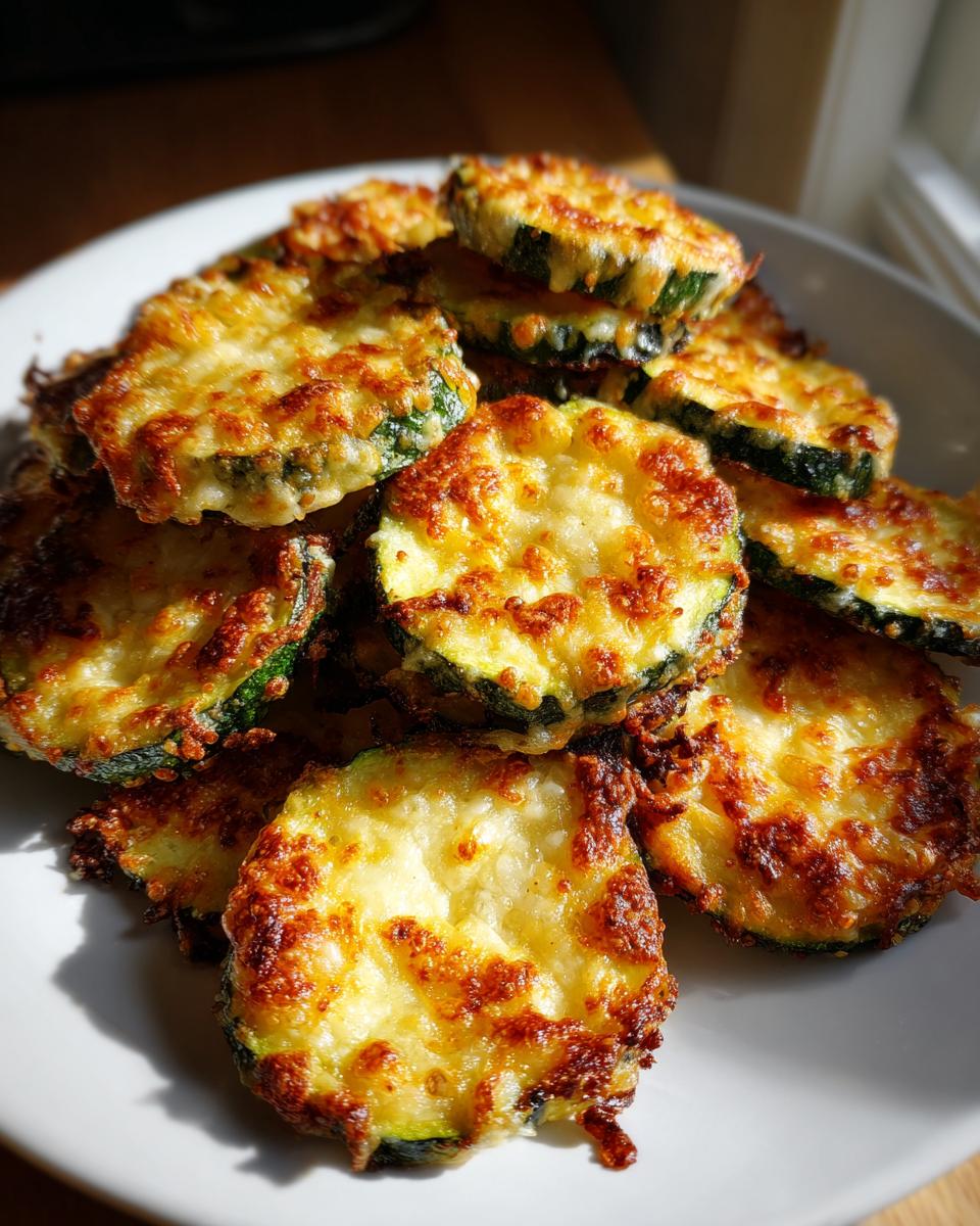 A pile of golden brown Baked Parmesan Zucchini slices with crispy cheese topping on a white plate.