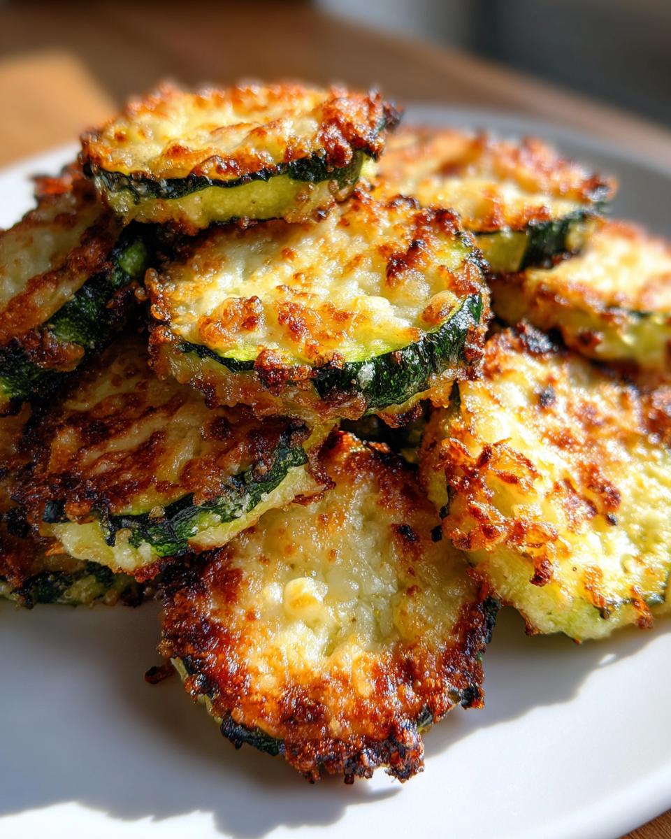 Close-up of crispy, golden-brown Baked Parmesan Zucchini slices piled on a white plate.