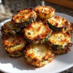 A pile of crispy, golden brown Baked Parmesan Zucchini slices stacked on a white plate.