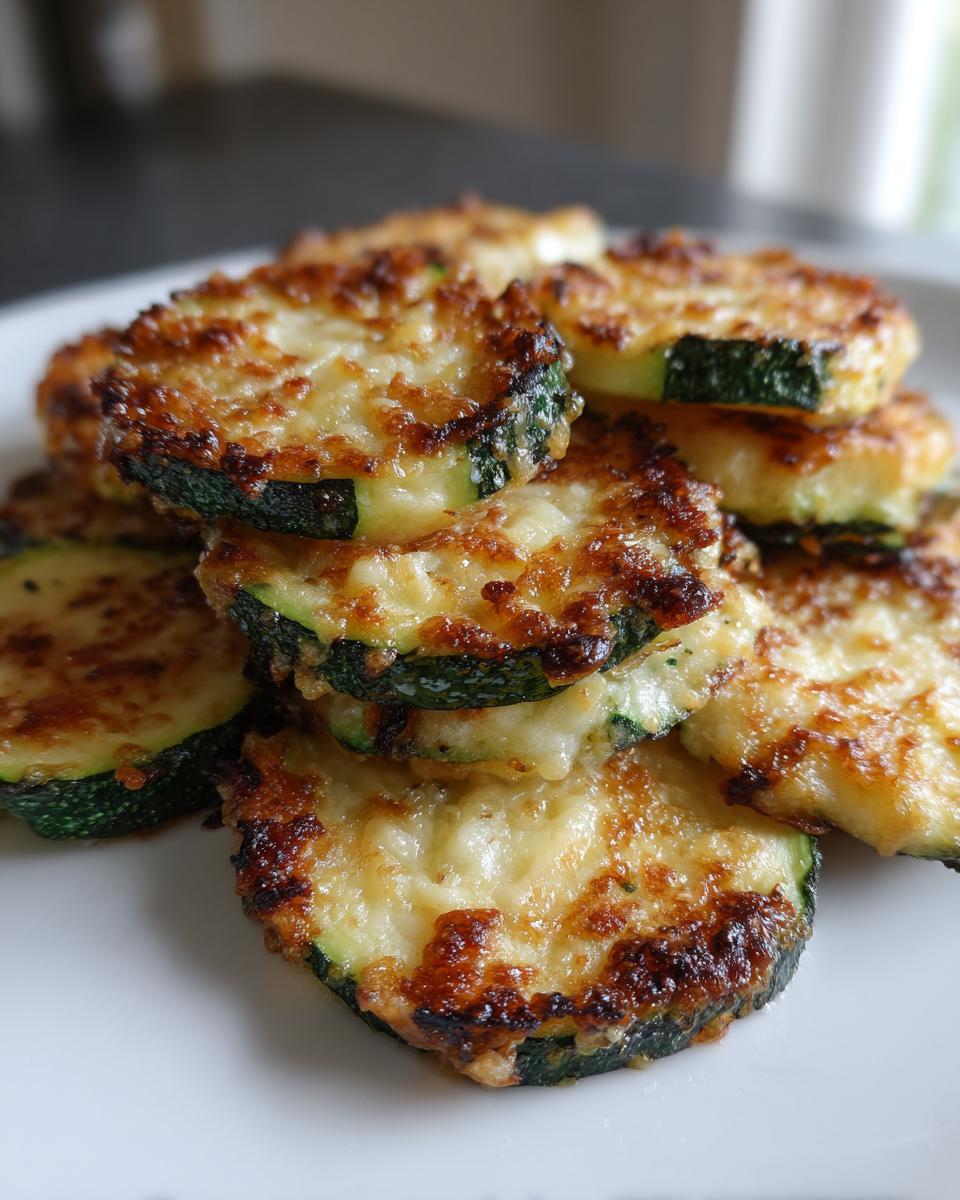Close-up of stacked, golden-brown slices of Baked Parmesan Zucchini on a white plate.