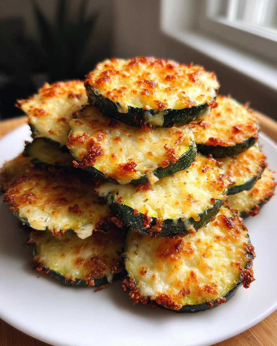 A stack of golden brown Baked Parmesan Zucchini slices topped with melted, bubbly cheese.