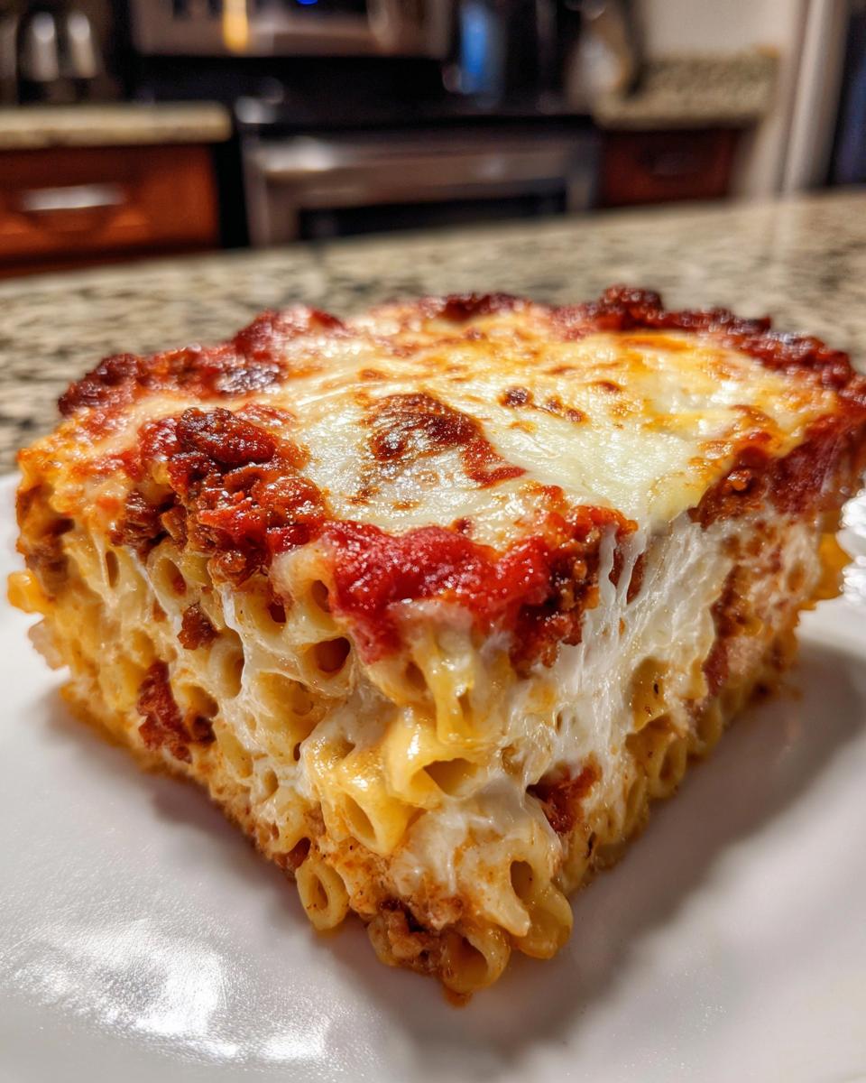 A close-up, square slice of Baked Ziti With Ground Beef showing layers of tube pasta, meat sauce, and bubbly, melted mozzarella cheese.