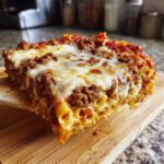 A close-up of a thick, cheesy slice of Baked Ziti With Ground Beef being lifted on a wooden spatula.
