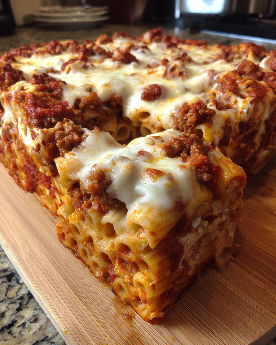 A thick, square slice of Baked Ziti With Ground Beef, showing layers of ziti pasta, meat sauce, and melted mozzarella cheese.