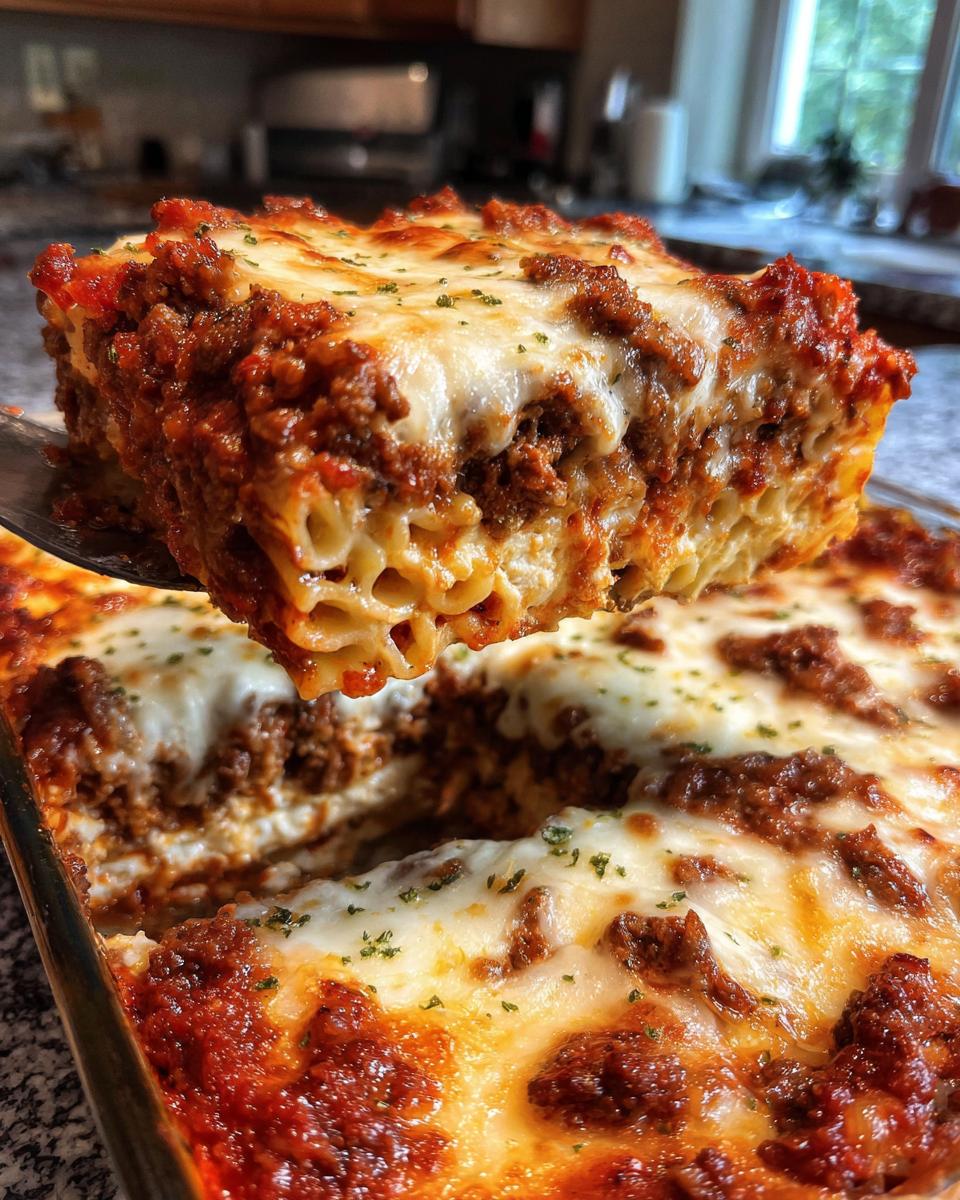 A serving utensil lifts a cheesy, saucy slice of Baked Ziti With Ground Beef from the baking dish.