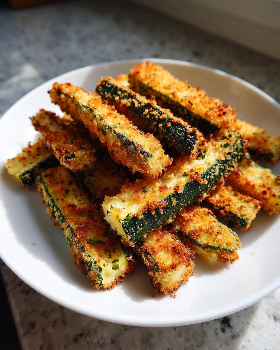 A pile of crispy, golden brown Baked Zucchini Fries seasoned with herbs on a white plate.