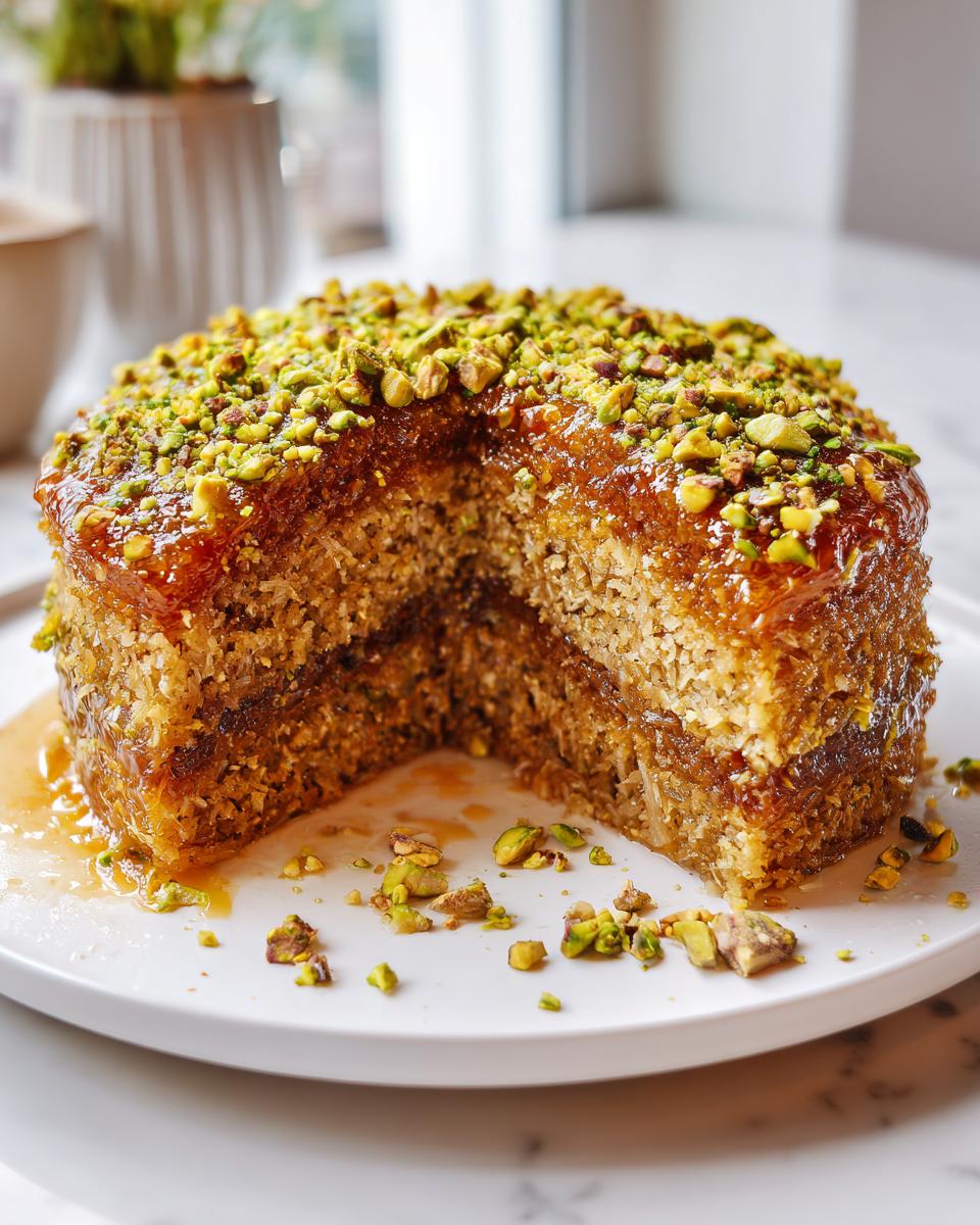 A slice removed from a moist Baklava Layer Cake, drenched in syrup and topped generously with chopped pistachios.