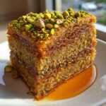 Close-up of a moist slice of Baklava Layer Cake, drizzled with syrup and topped with chopped green pistachios.