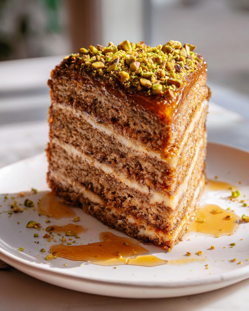 A tall slice of Baklava Layer Cake showing multiple cake layers, cream filling, and topped with honey glaze and chopped pistachios.