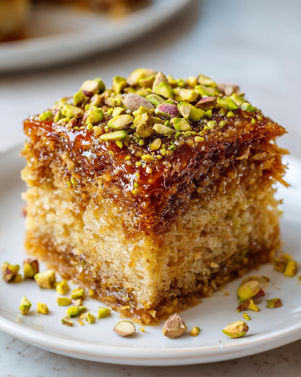 Close-up of a square slice of Baklava Layer Cake, drenched in syrup and topped with chopped pistachios.