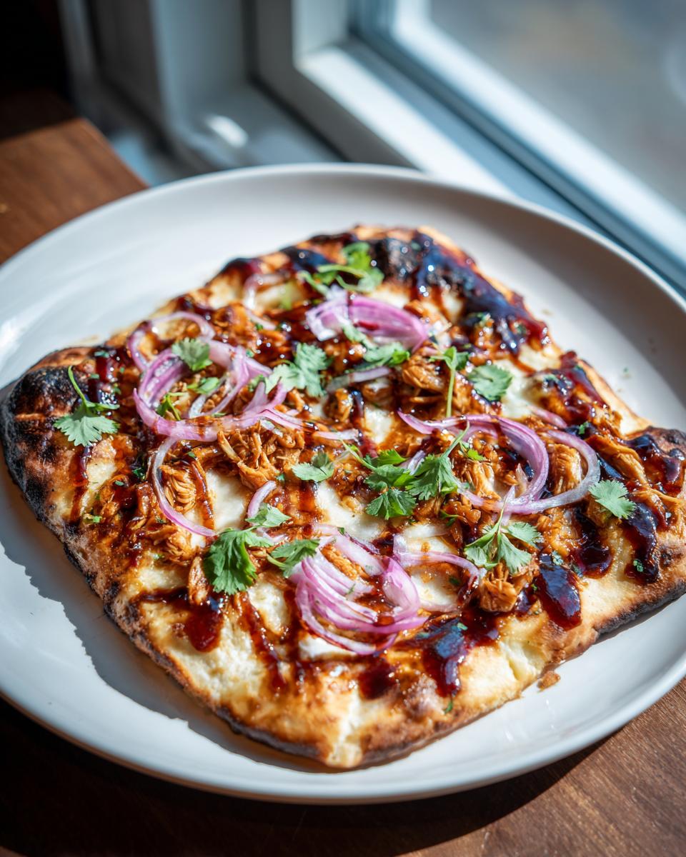 A close-up of a freshly baked Bbq Chicken Flatbread topped with shredded chicken, red onion, and cilantro.