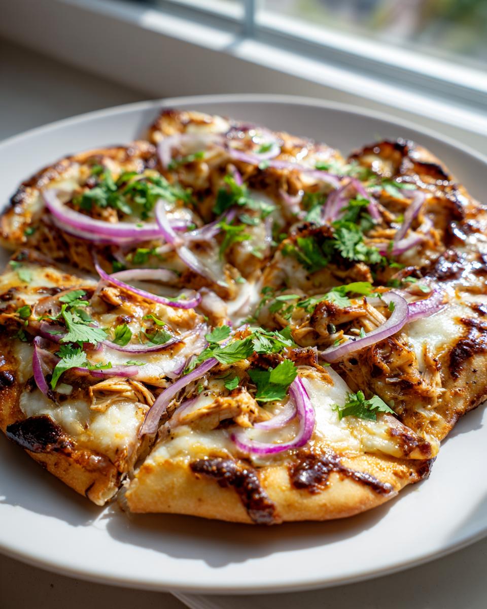 A close-up of a freshly baked Bbq Chicken Flatbread, sliced and topped with melted cheese, red onion rings, and fresh cilantro.