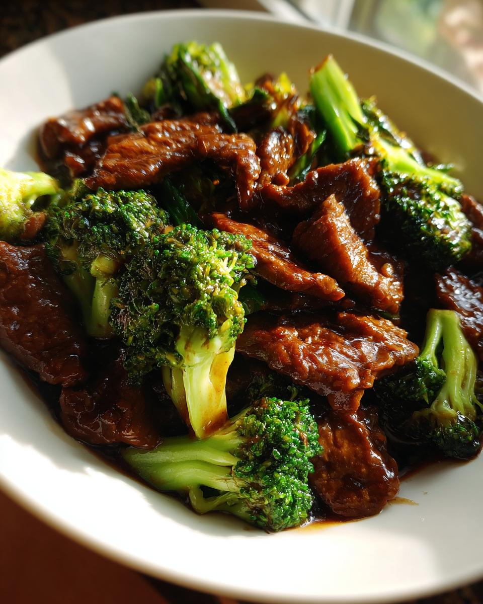 A close-up of vibrant Beef And Broccoli Stir Fry featuring tender beef slices coated in dark sauce and bright green broccoli florets.
