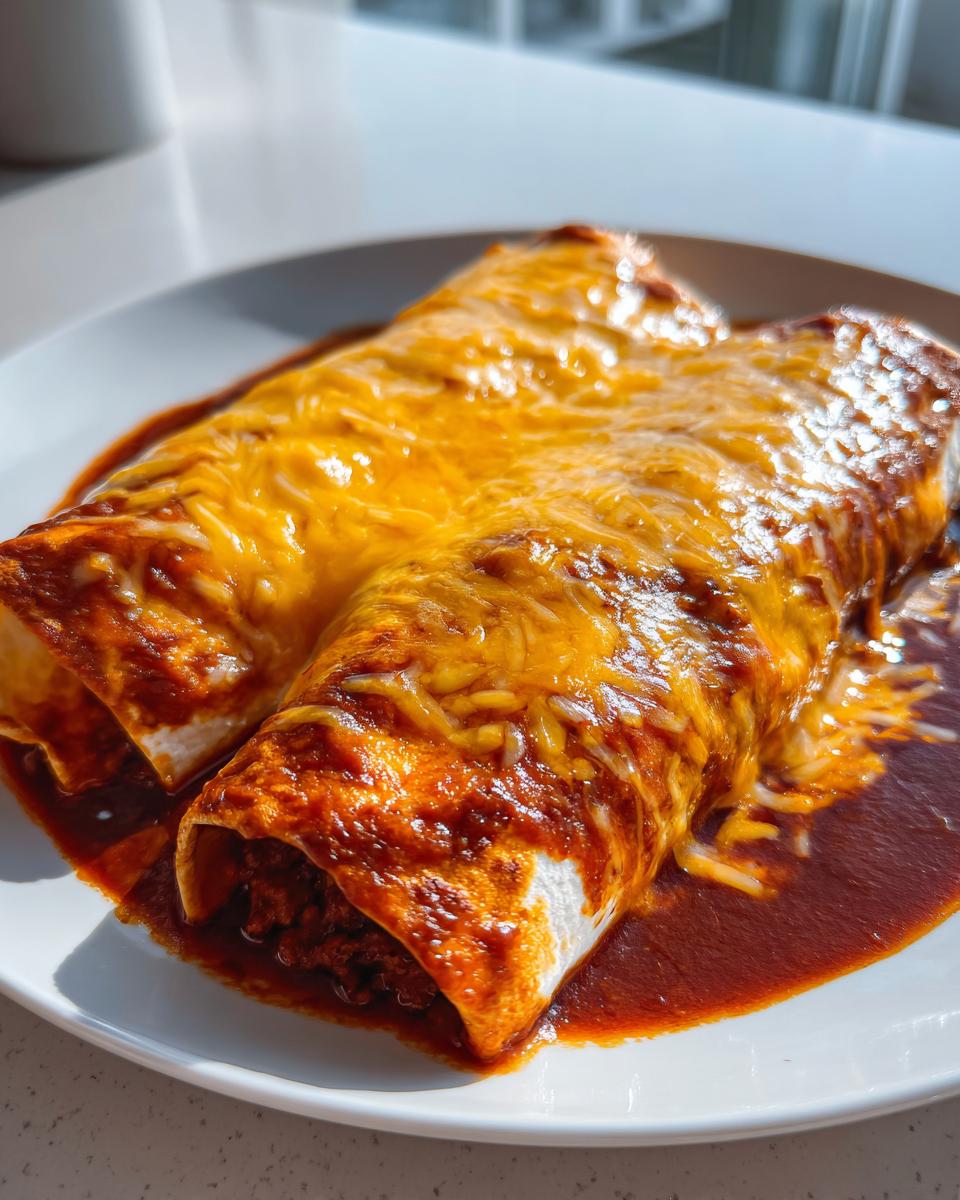Close-up of two delicious Beef And Cheese Enchiladas smothered in red sauce and melted cheddar cheese.