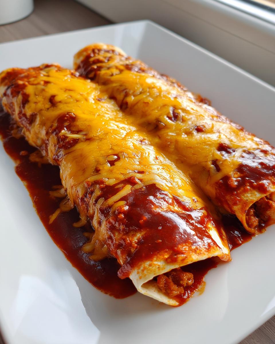 Close-up of two delicious Beef And Cheese Enchiladas smothered in red sauce and melted cheddar cheese.