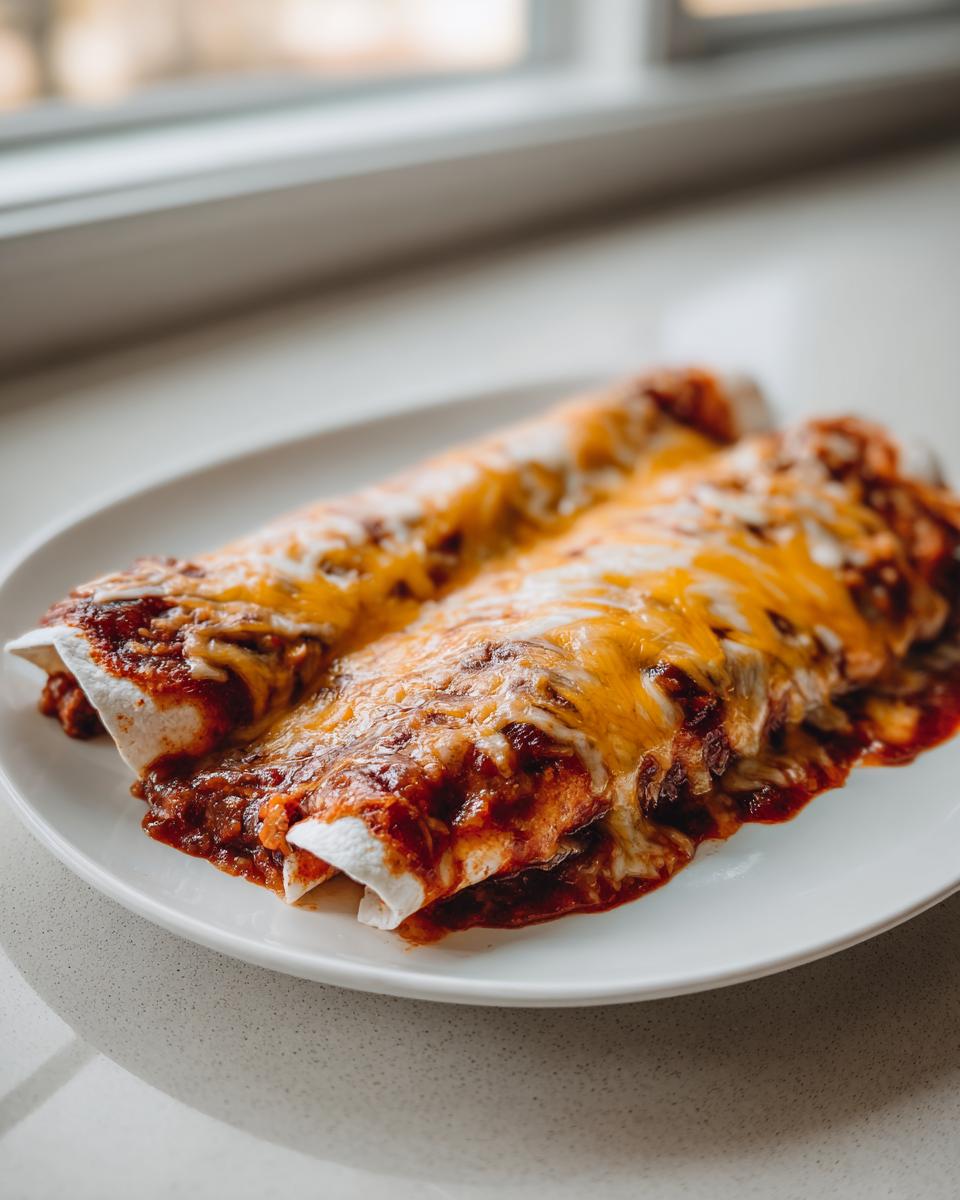 Two delicious Beef And Cheese Enchiladas covered in rich red sauce and melted cheddar cheese on a white plate.