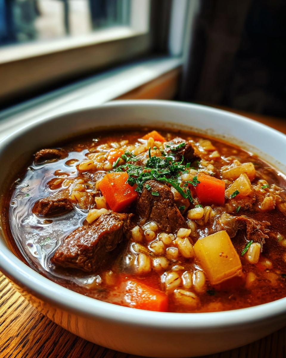 Close-up of a steaming bowl of rich Beef Barley Soup showing chunks of beef, barley, carrots, and a parsley garnish.