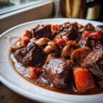 Close-up of tender chunks of Beef Bourguignon stewed with carrots and mushrooms in a rich sauce.