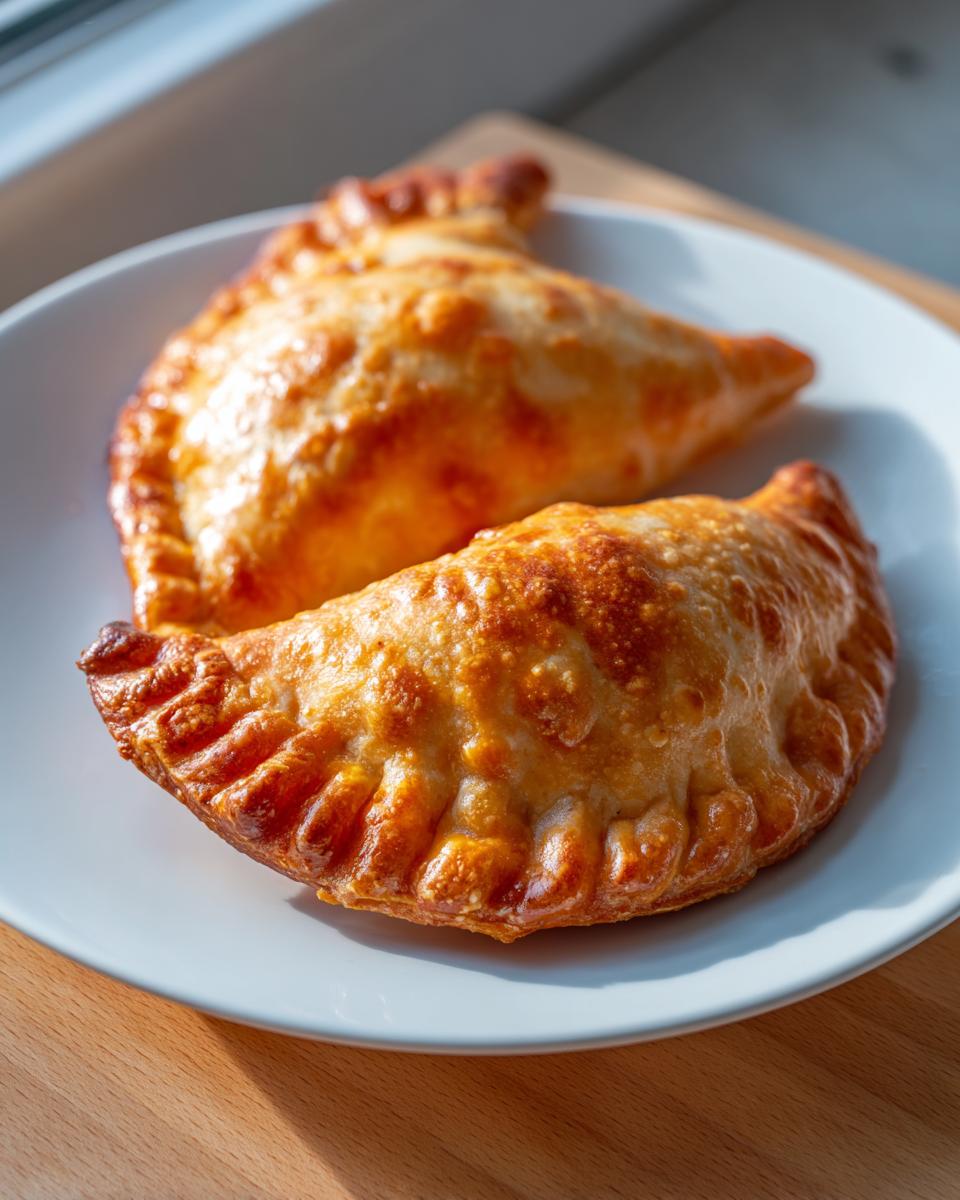 Two golden-brown, baked Beef Empanadas With Flaky Crust resting on a white plate, lit by natural light.