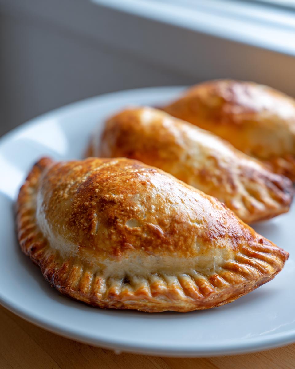 Close-up of three golden-brown Beef Empanadas With Flaky Crust arranged on a white plate.