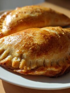 Two golden-brown Beef Empanadas With Flaky Crust resting on a white plate, highlighted by natural light.