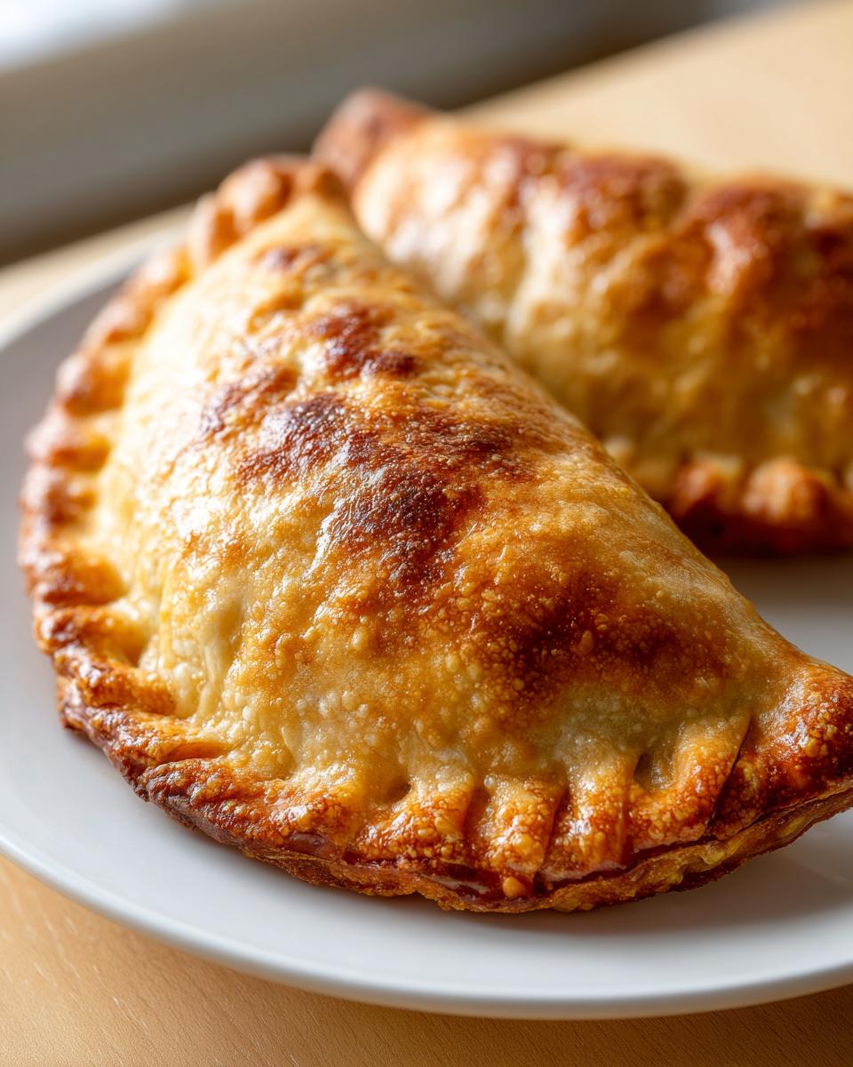 Close-up of two golden brown, baked Beef Empanadas With Flaky Crust resting on a white plate.