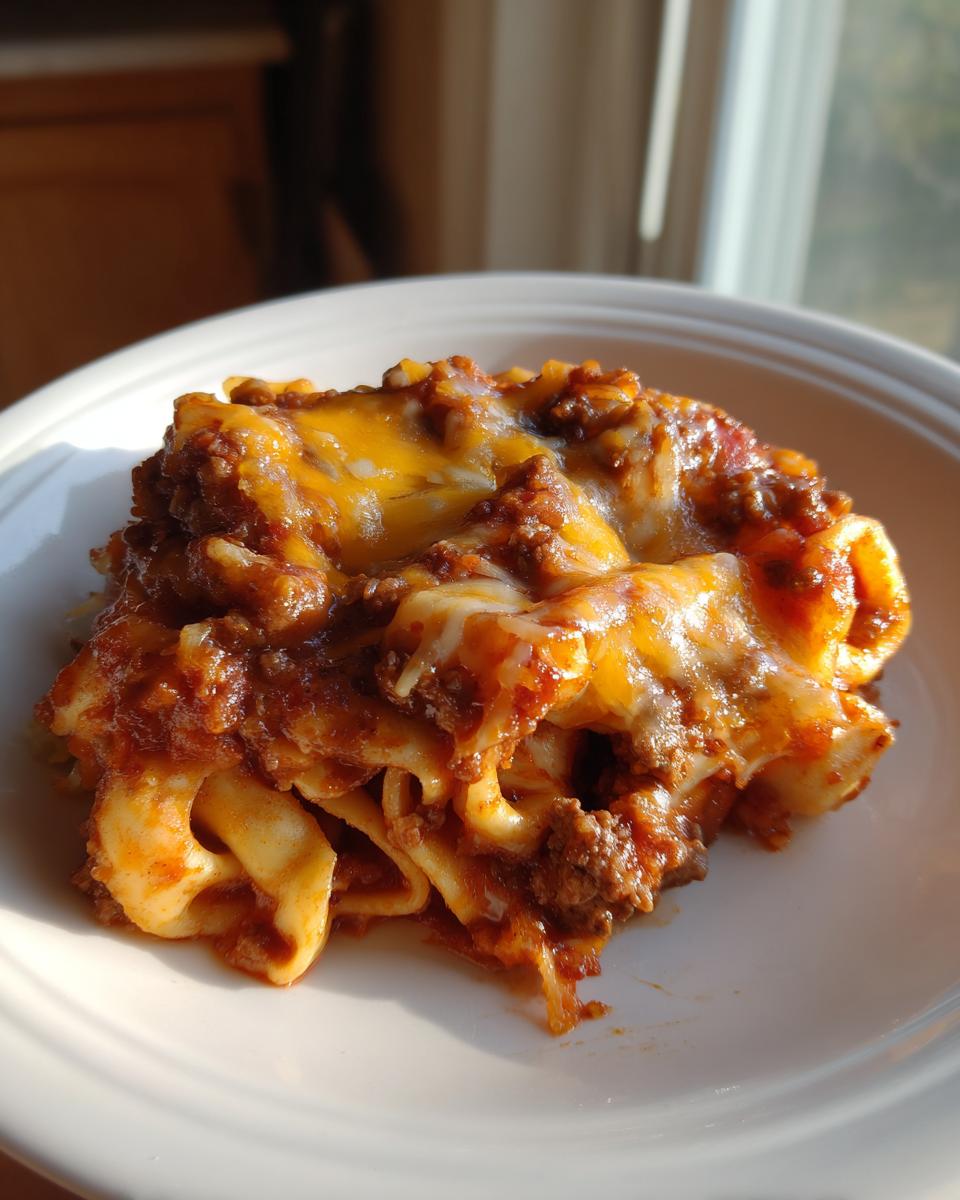 A close-up serving of Beef Enchilada Tortellini Bake, covered in rich sauce and melted cheddar and white cheese.