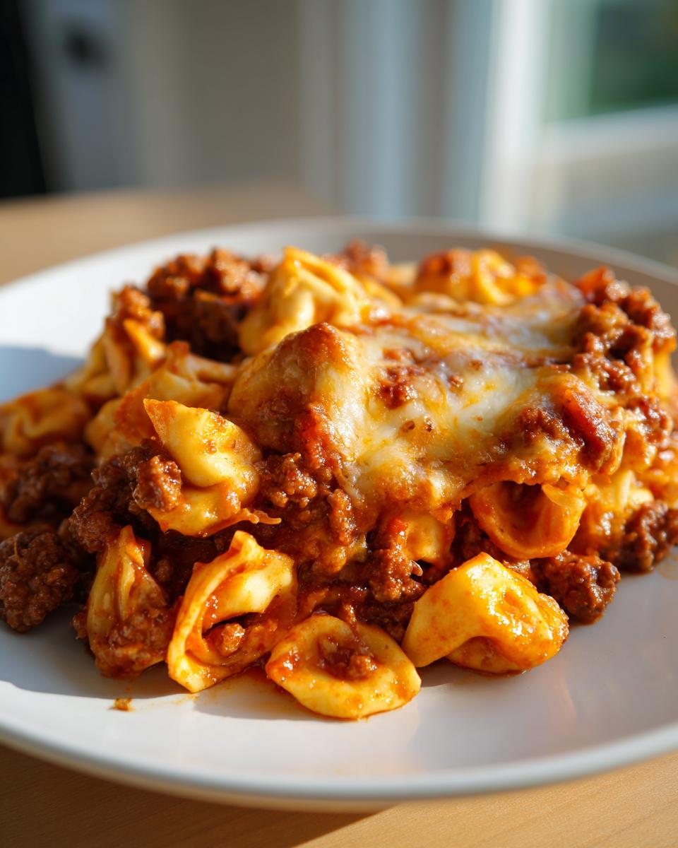A close-up of a serving of Beef Enchilada Tortellini Bake, featuring pasta, meat sauce, and melted cheese on a white plate.