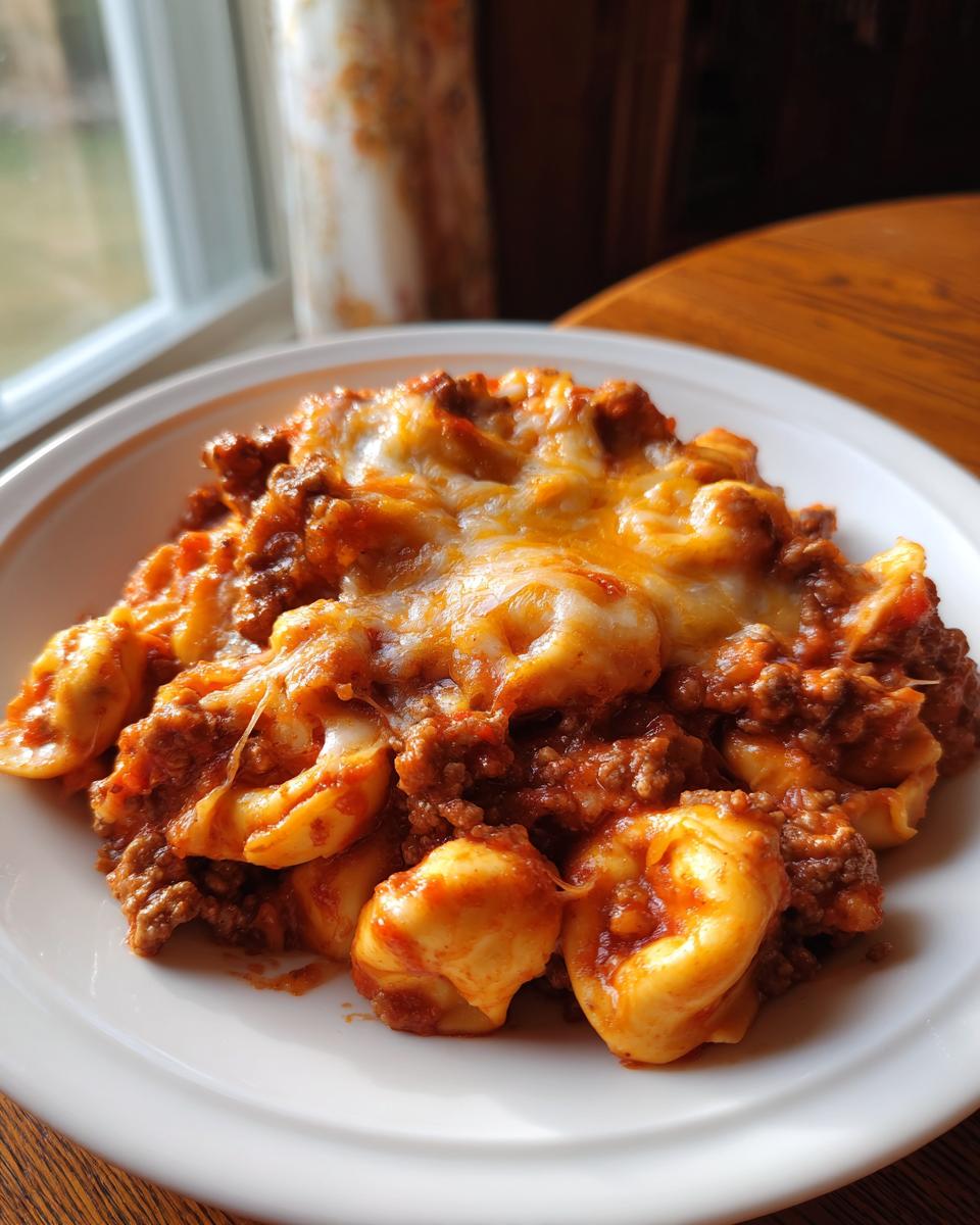 A close-up of a serving of Beef Enchilada Tortellini Bake topped with melted cheese.