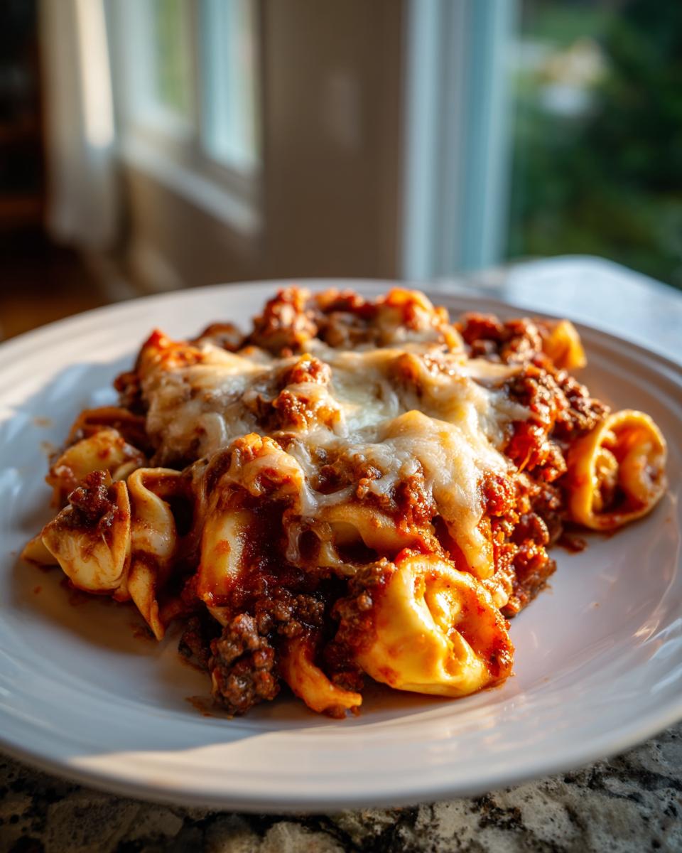 A close-up serving of Beef Enchilada Tortellini Bake covered in rich sauce and melted white cheese on a white plate.