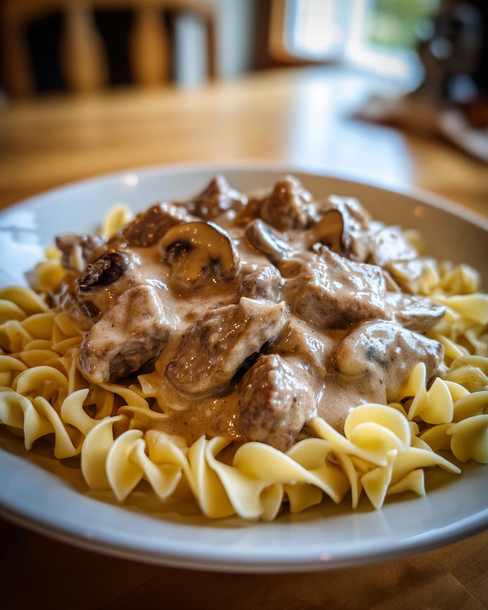 A close-up of a white bowl filled with Beef Stroganoff Crockpot, featuring tender beef chunks and mushrooms in a creamy sauce, served over wide egg noodles.