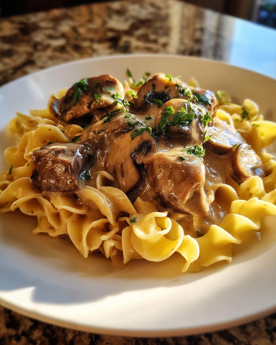 A close-up of tender beef chunks and mushrooms in creamy sauce served over egg noodles, classic Beef Stroganoff Crockpot.