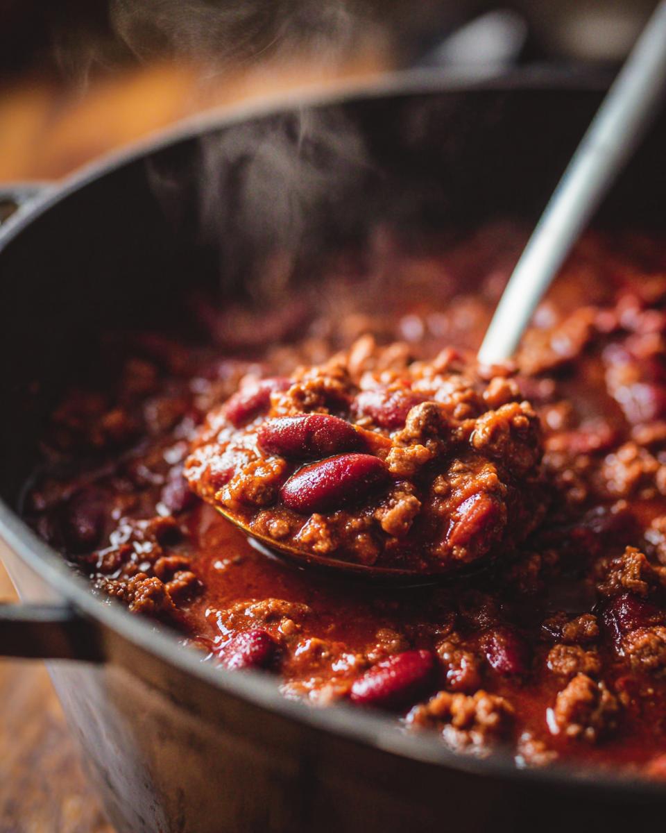 A close-up of a ladle scooping up rich, steaming Best Classic Beef Chili with ground meat and kidney beans.