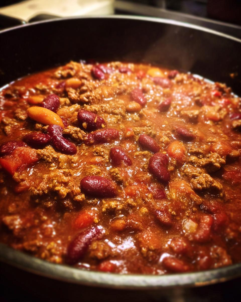 Close-up of rich, simmering Best Classic Beef Chili with ground beef and kidney beans in a dark pot.