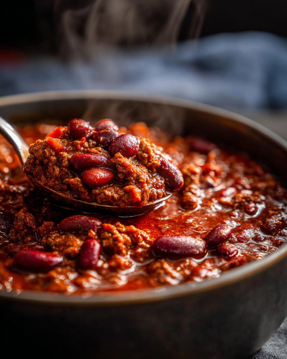 A spoonful of steaming Best Classic Beef Chili, rich with ground beef and kidney beans, being lifted from a dark bowl.