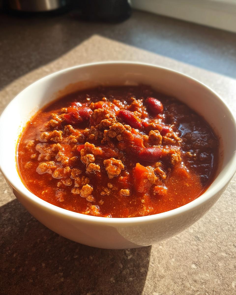 Close-up of a white bowl filled with rich, thick Best Crockpot Chili featuring ground meat and kidney beans.