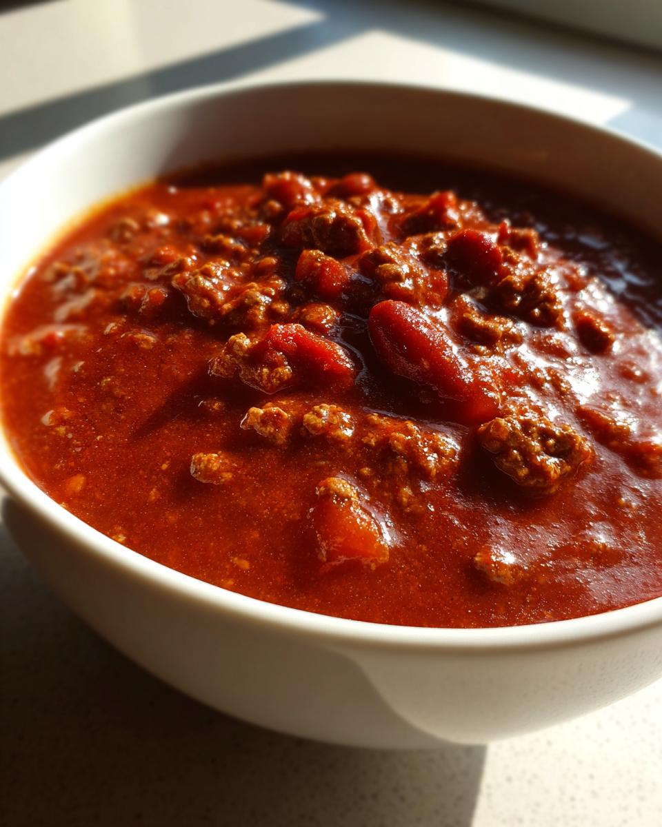 Close-up of a rich, thick bowl of Best Crockpot Chili featuring ground meat and tomatoes in a deep red sauce.