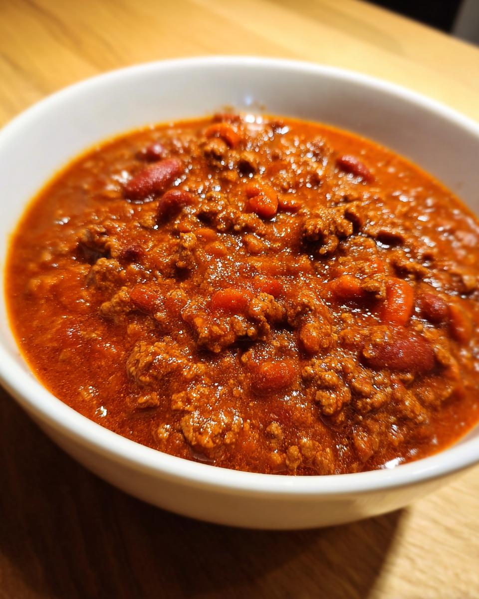 Close-up of a hearty bowl of Best Crockpot Chili, featuring ground meat and kidney beans in a thick, rich red sauce.