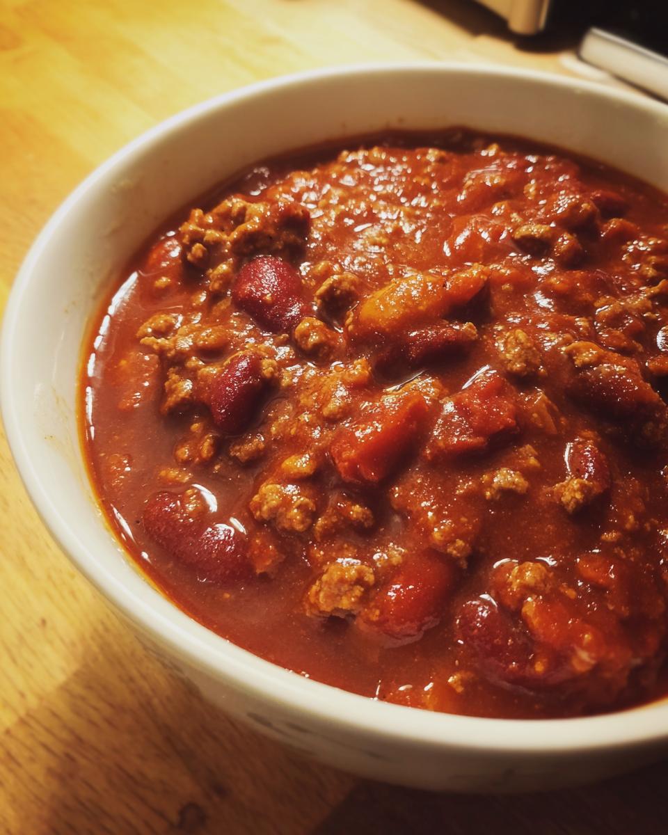 Close-up of a white bowl filled with rich, thick Best Crockpot Chili featuring ground meat and kidney beans.