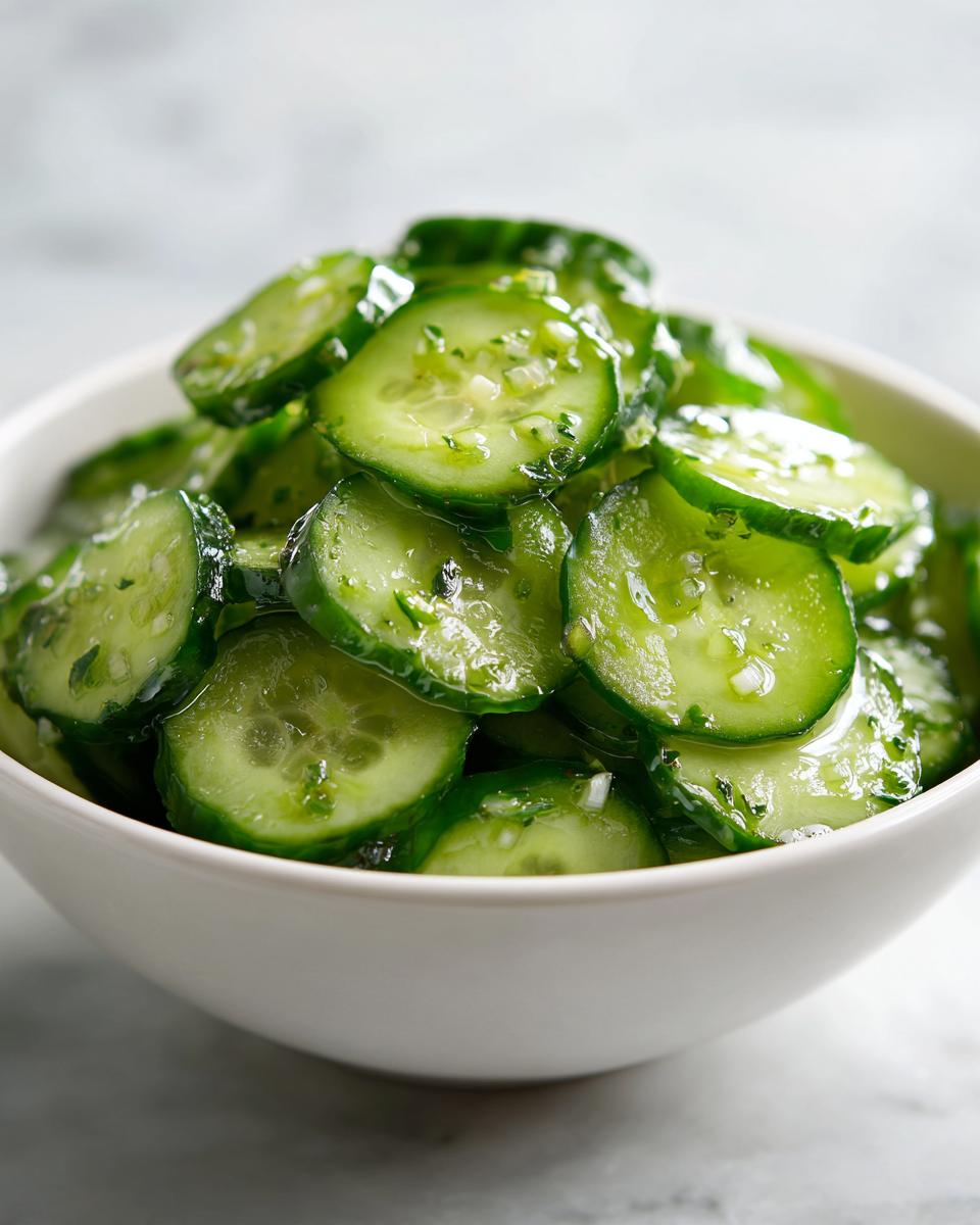 Close-up of thinly sliced cucumbers marinated in a clear dressing with herbs, showcasing the Best Cucumber Salad.