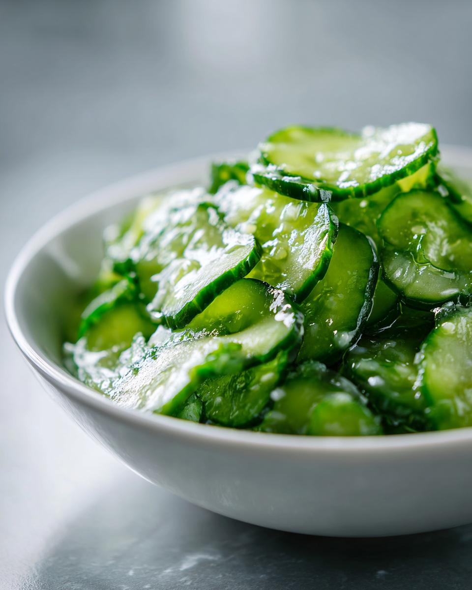 Close-up of thinly sliced cucumbers glistening with dressing in a white bowl, showcasing the Best Cucumber Salad.
