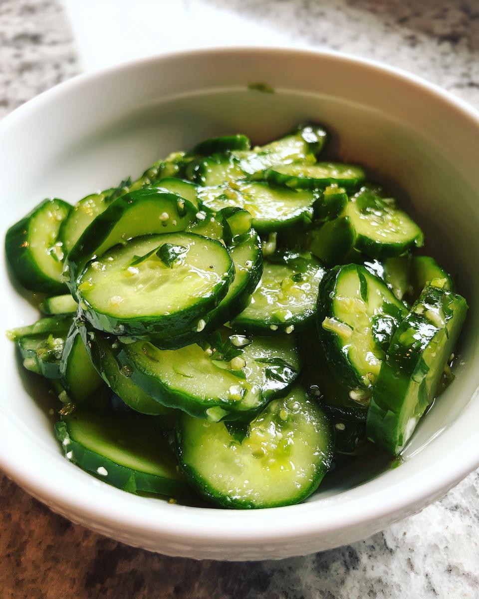 Close-up of thinly sliced cucumbers marinated in a savory dressing, ready for the Best Cucumber Salad.