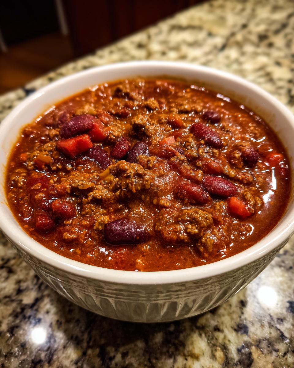 Close-up of a white bowl filled with rich, meaty Best Slow Cooker Chili featuring kidney beans and a thick sauce.