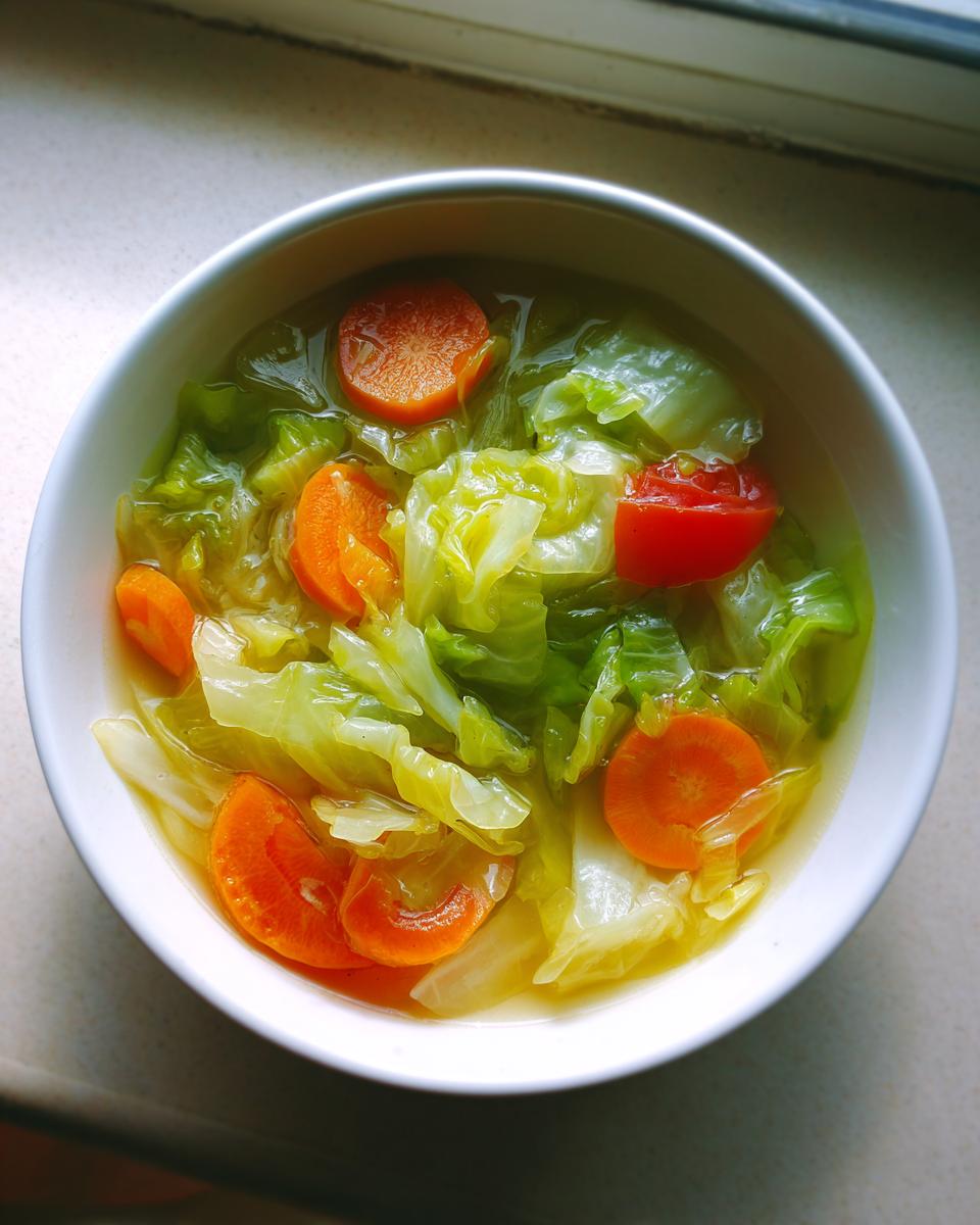 Close-up of a white bowl filled with light broth Cabbage Soup featuring bright green cabbage leaves and sliced orange carrots.